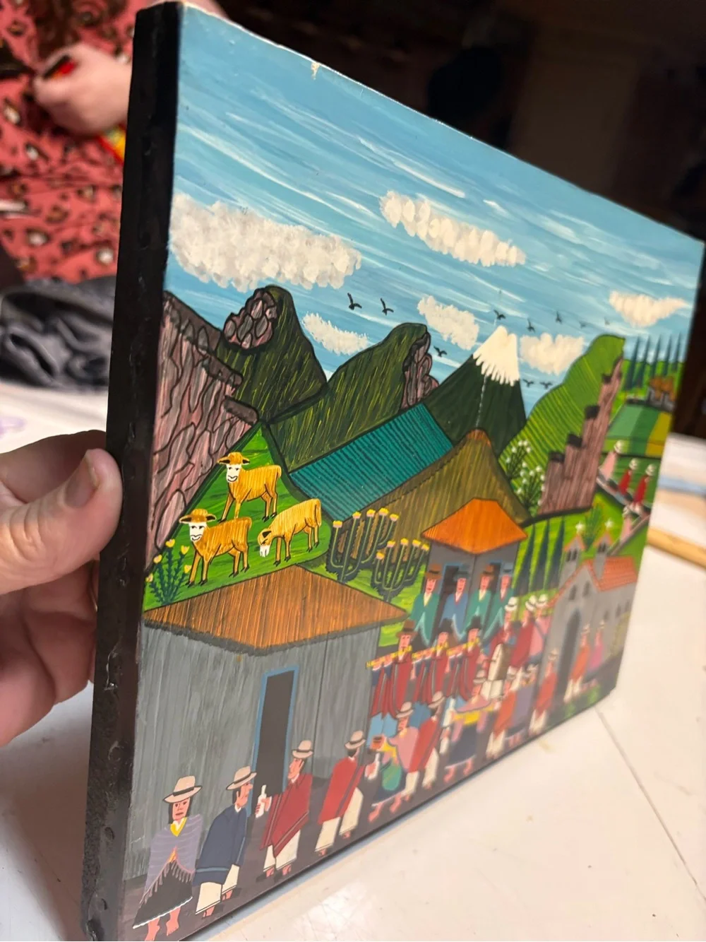 Tigua folk art traditional style of indigenous painting Andes mountains Ecuador